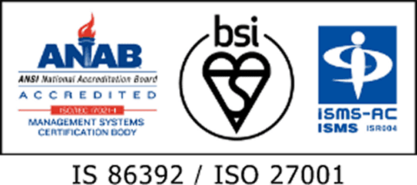 ANAB・BSI・ISMS-AC認証マーク(IS 86392 / ISO 27001)